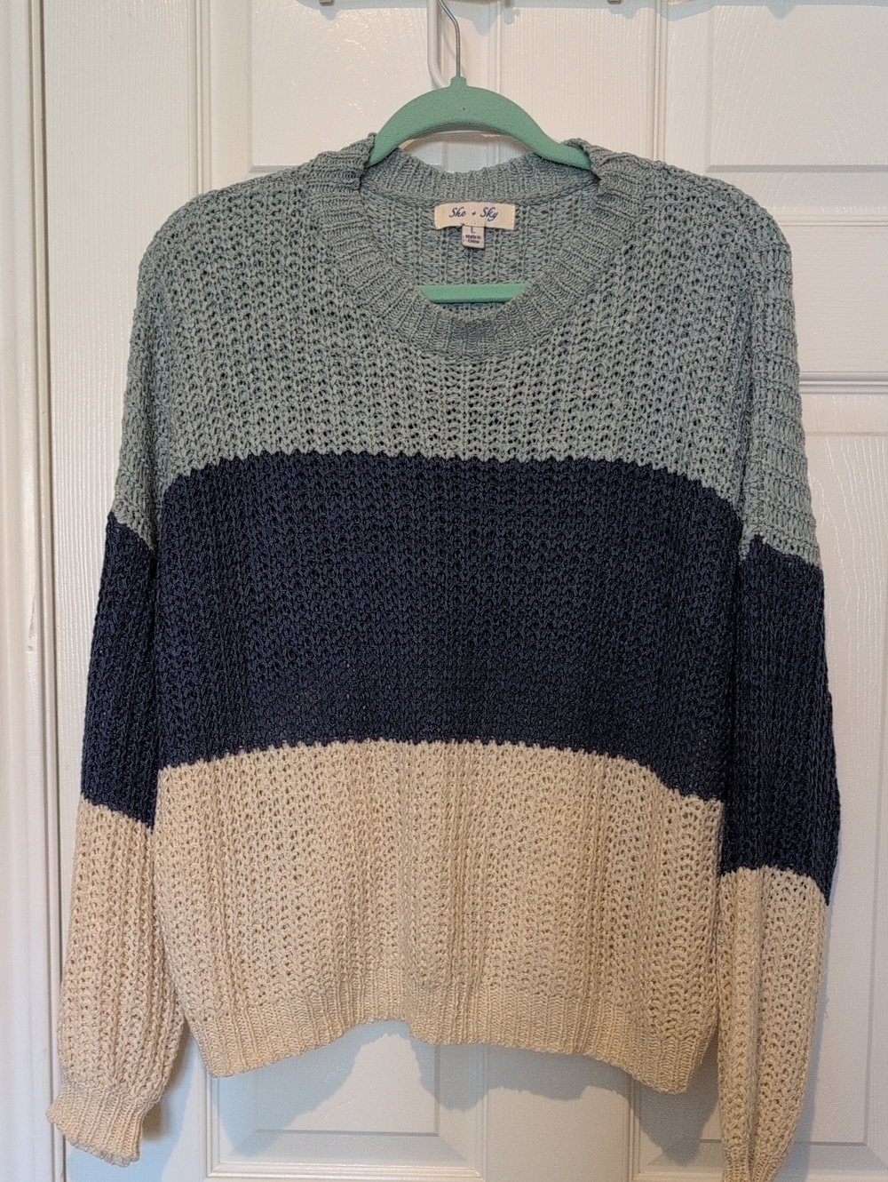 She + Sky Summer Sea Salt, Navy & Cream Colorblock Crewneck Sweater